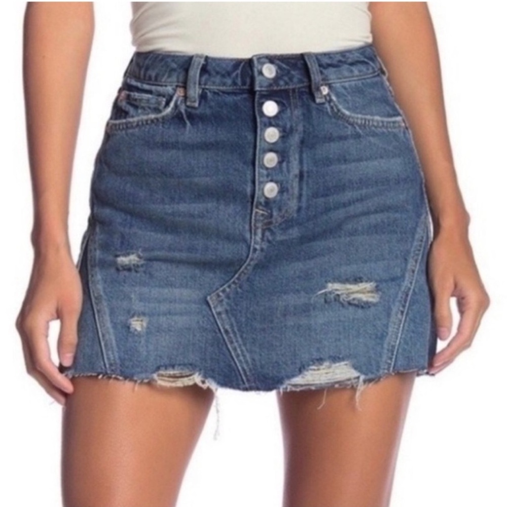 We The Free Blue Distressed Skater Mini Skirt.